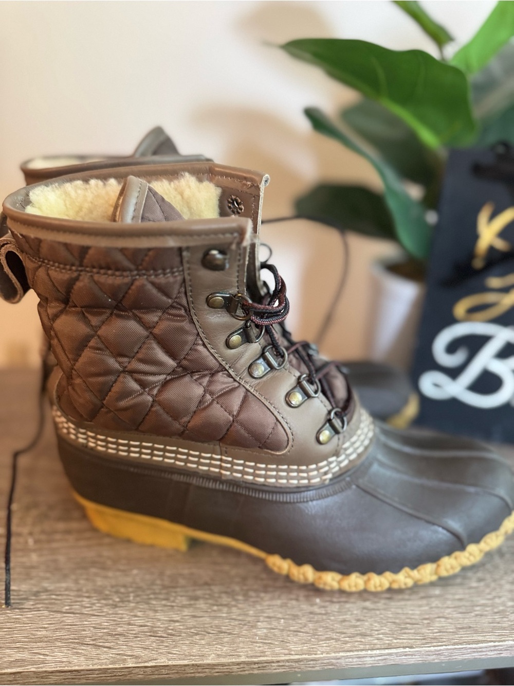 L.L. Bean Brown Quilted Duck Boots with Shearling Lining